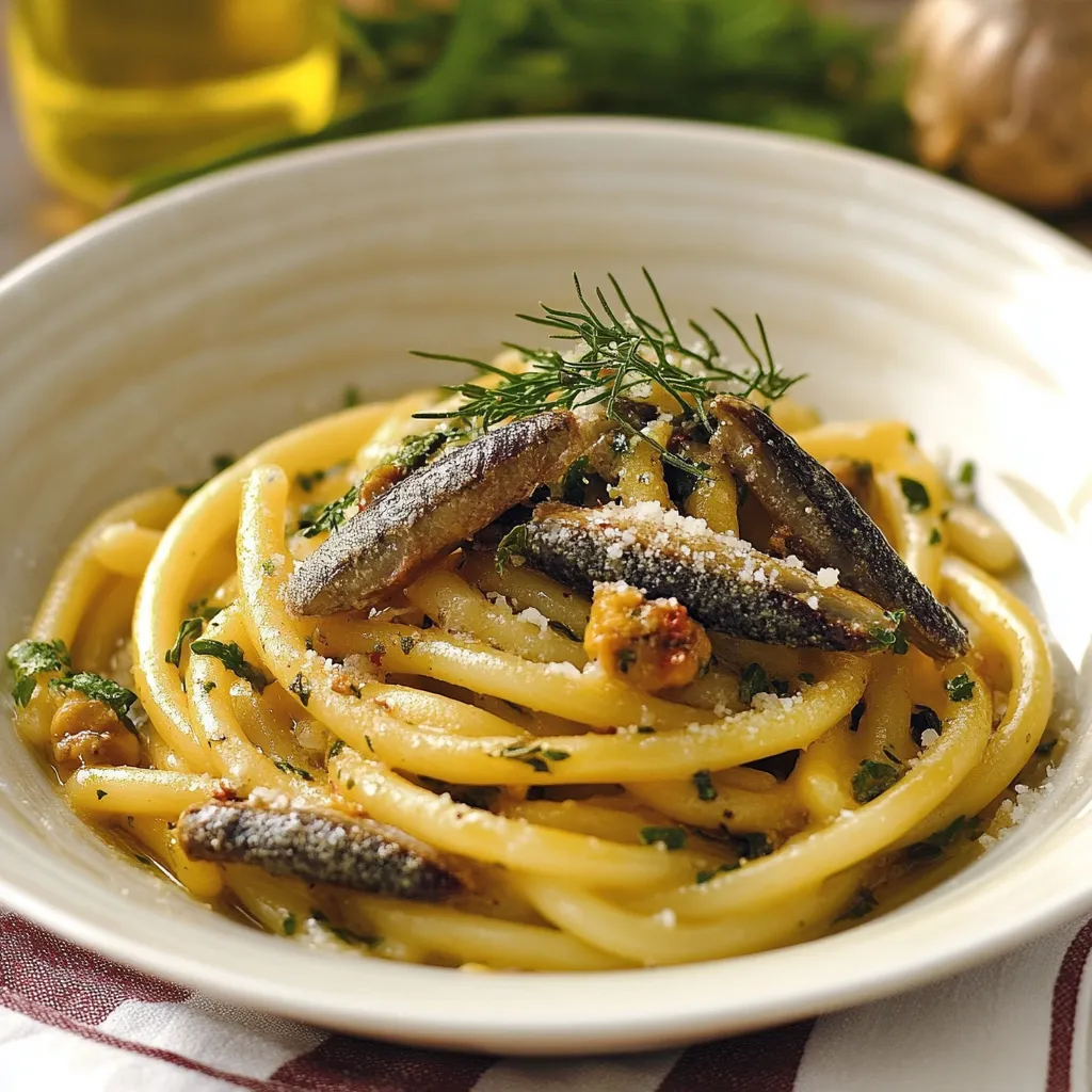 Pasta con pesce e erbe.