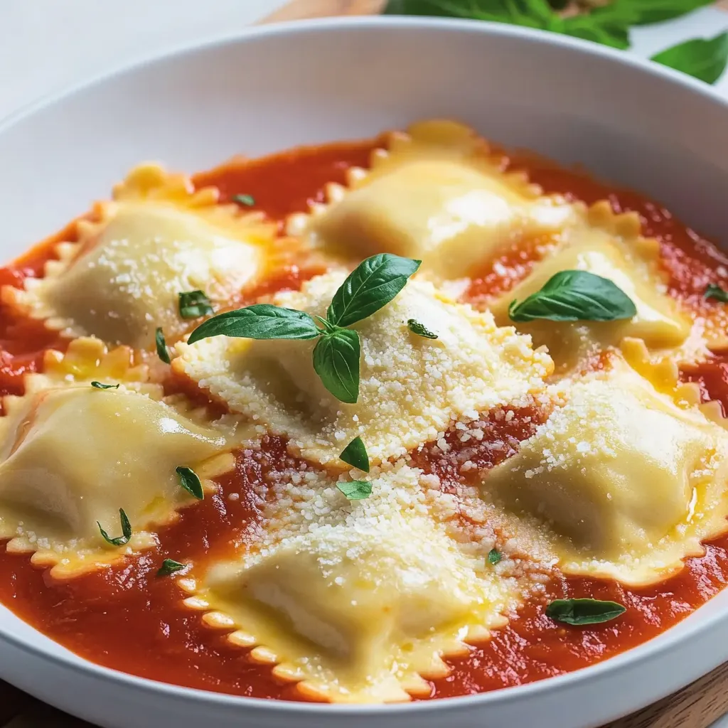 Pasta con sauce e foglie di basilico.