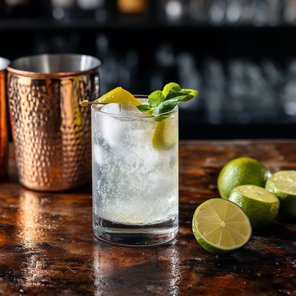Un bicchiere di vodka con una foglia di menta e una limetta.