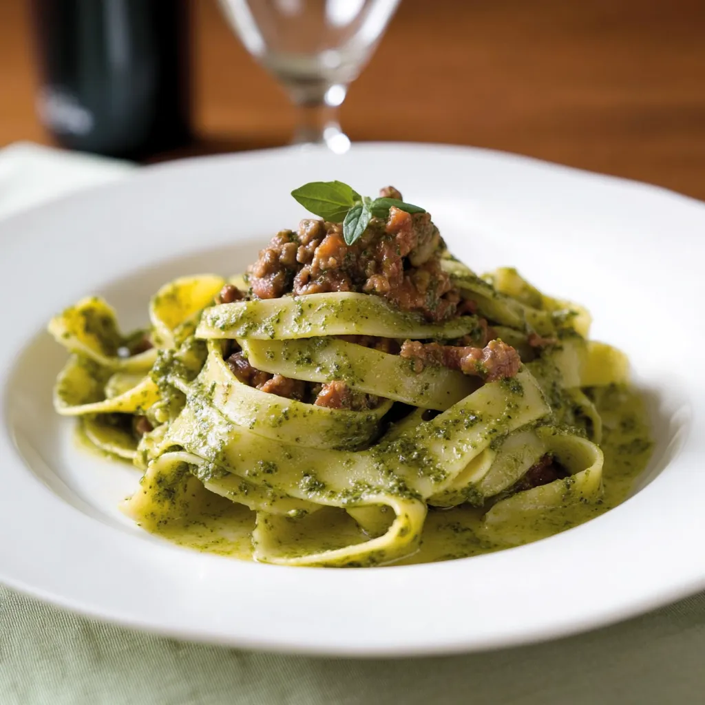 Pasta con verdure e carne.