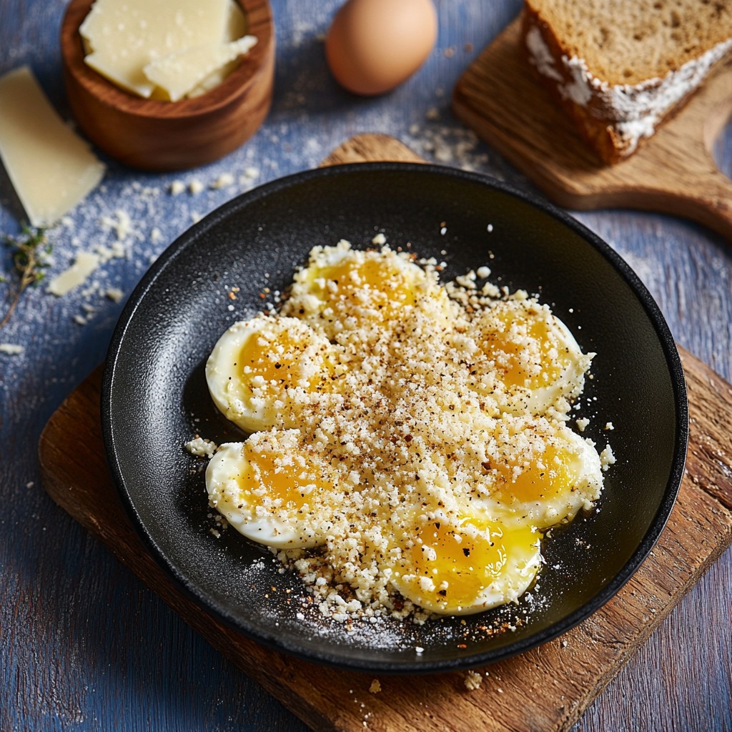 Un piatto di uova con spinaci e formaggio.