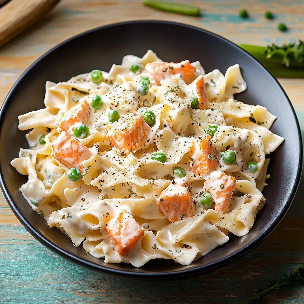 Una ciotola di pasta con pesce e verdure.