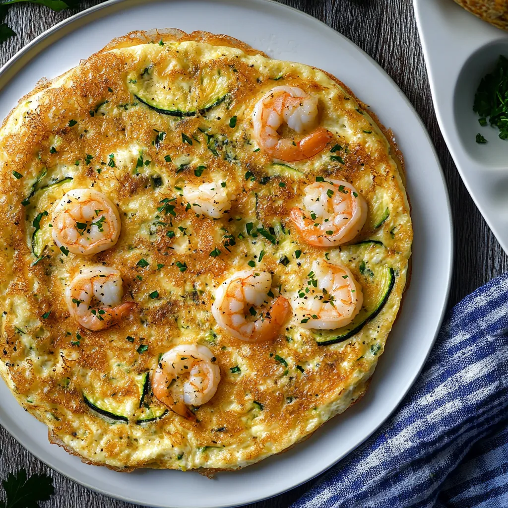 Omelette con zucchini e crostini di shrimp.