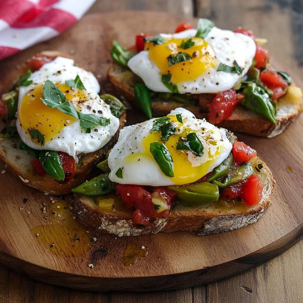 Quattro tostini con uova e pomodori.
