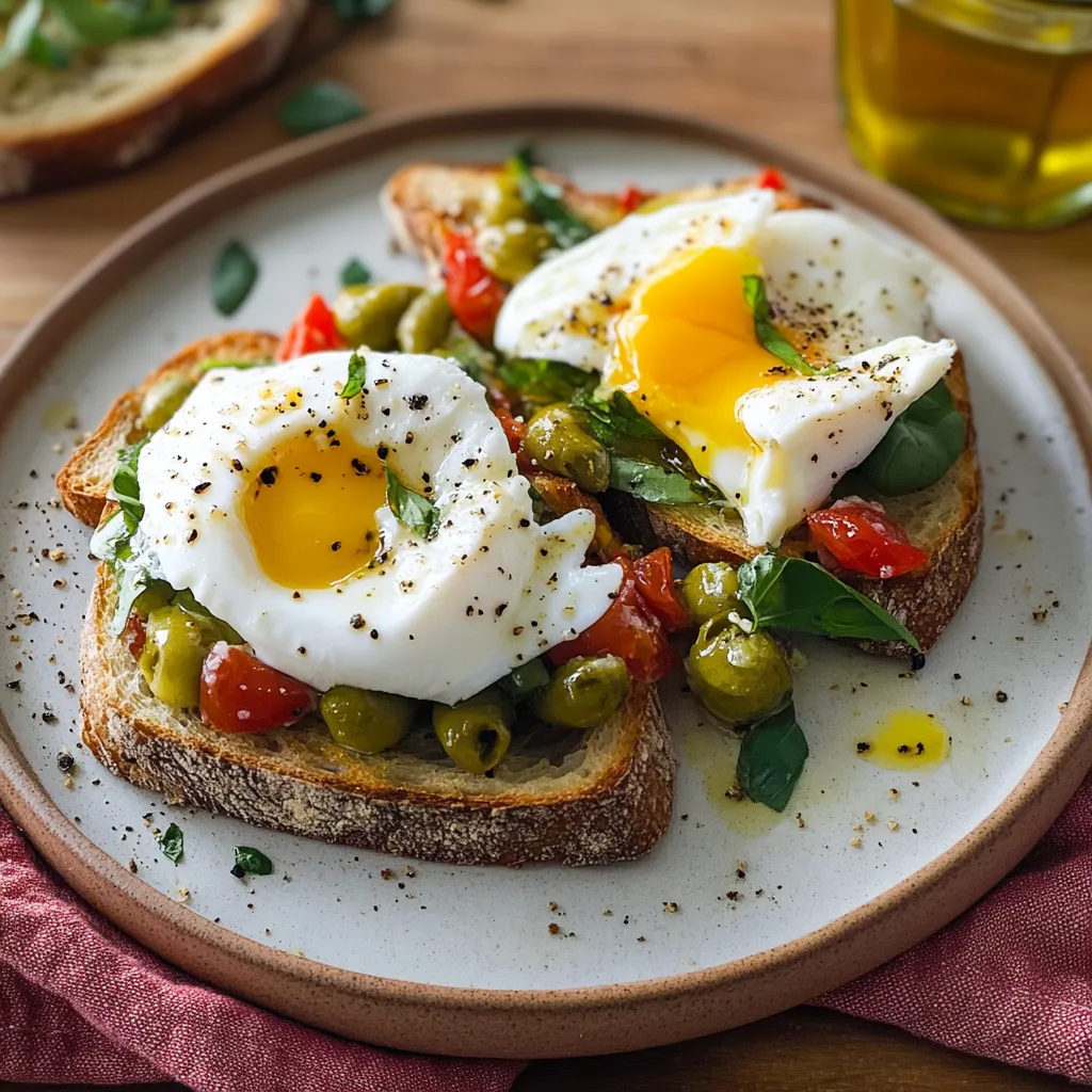Piatti di uova e verdure su pane.