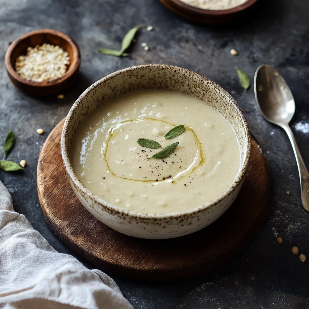 Una ciotola di zuppa con una foglia di basilico.