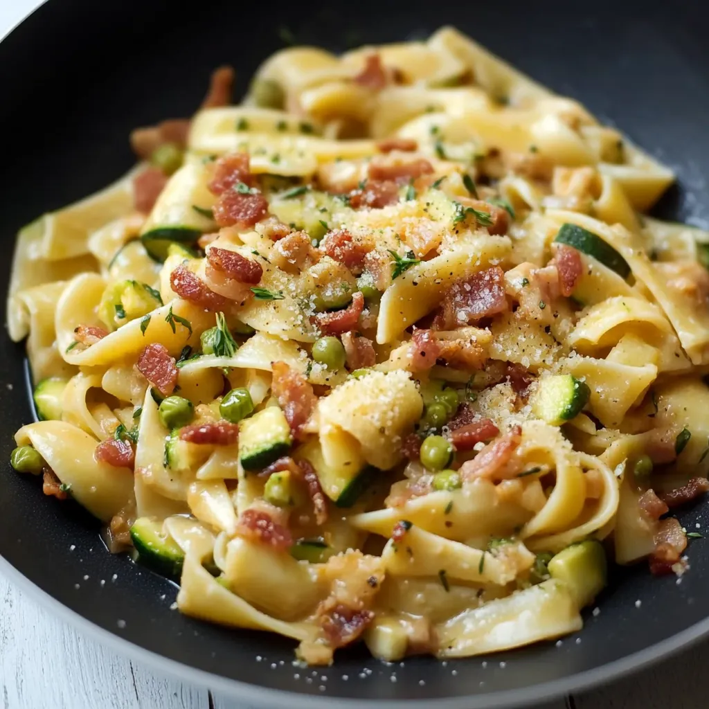 Pasta con bacon e zucchini.