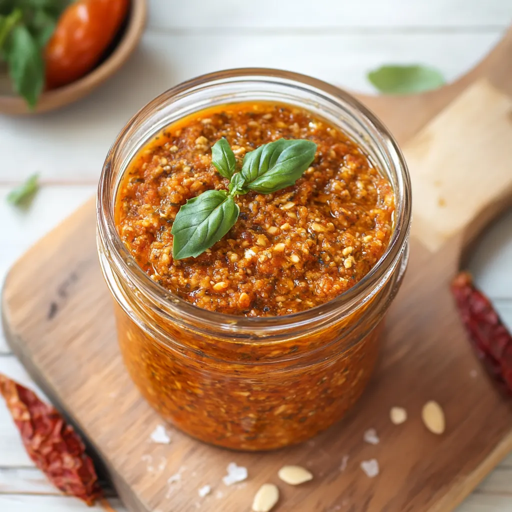 Un contenitore di mostarda con foglie di basilico.