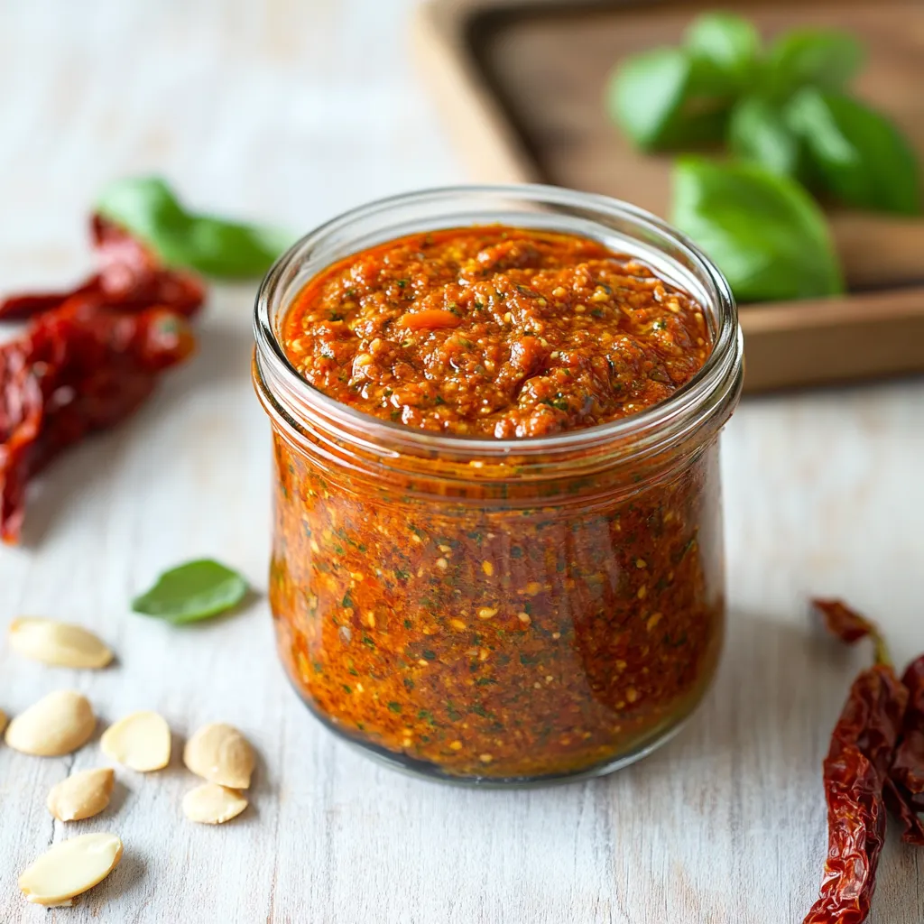 Un contenitore di marinara con foglie di basilico.