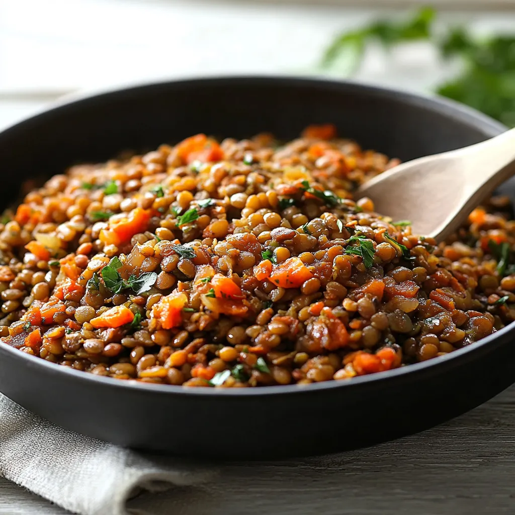 Un piatto di lenticchie con carote e basilico.