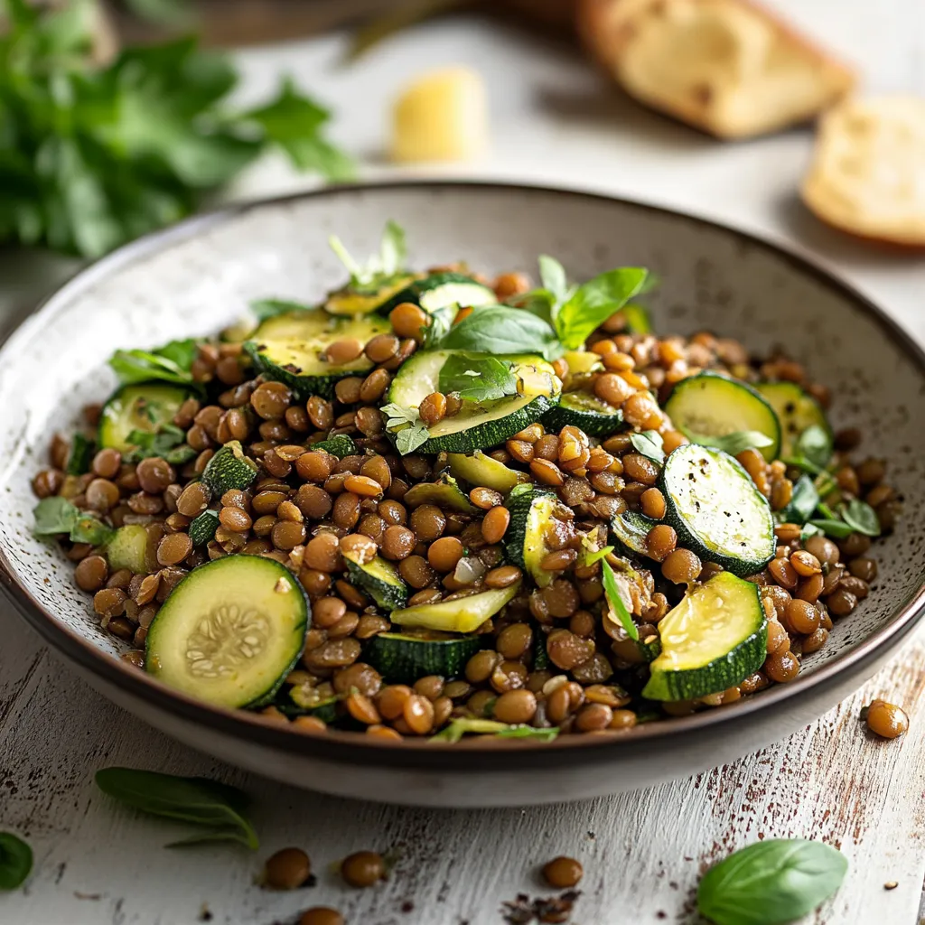 Una tazza di verdure con zucchini, cipolla e lenticchie.