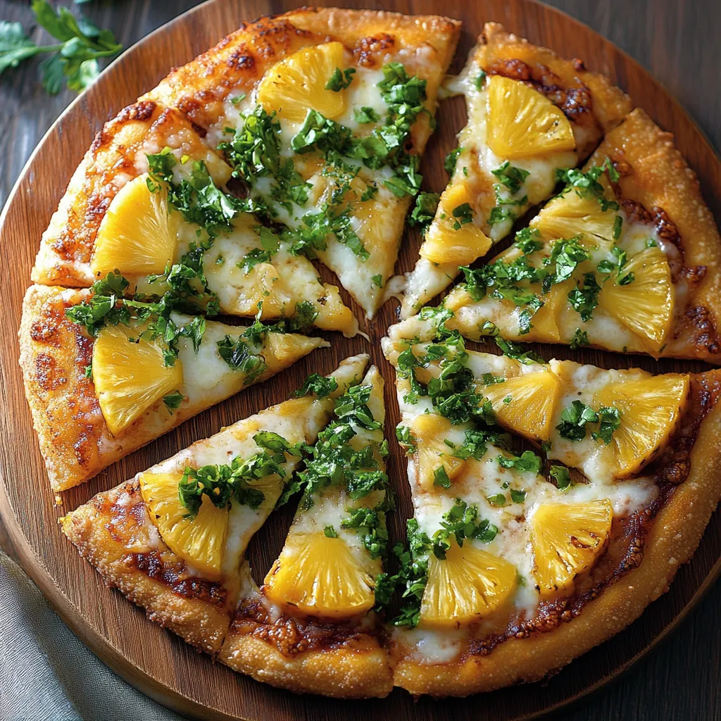 Una pizza con frullato di pineapple e verdura.