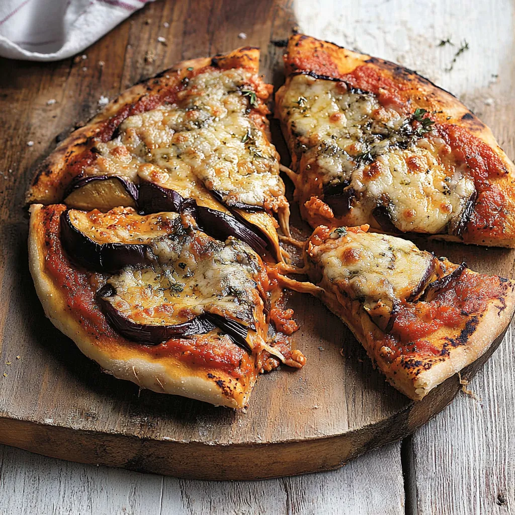Una pizza con peperoni e purple eggplant.