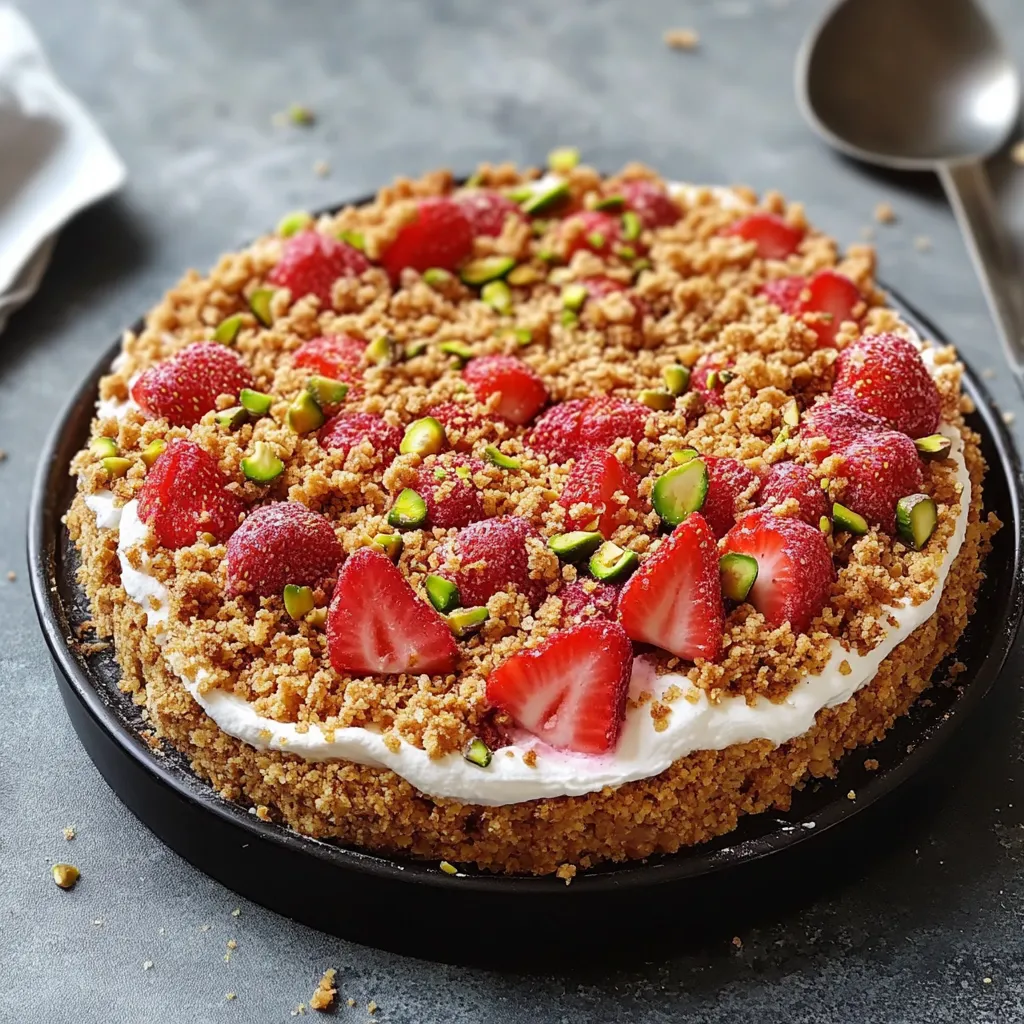 Un dolce a base di frutta con crema e noci.