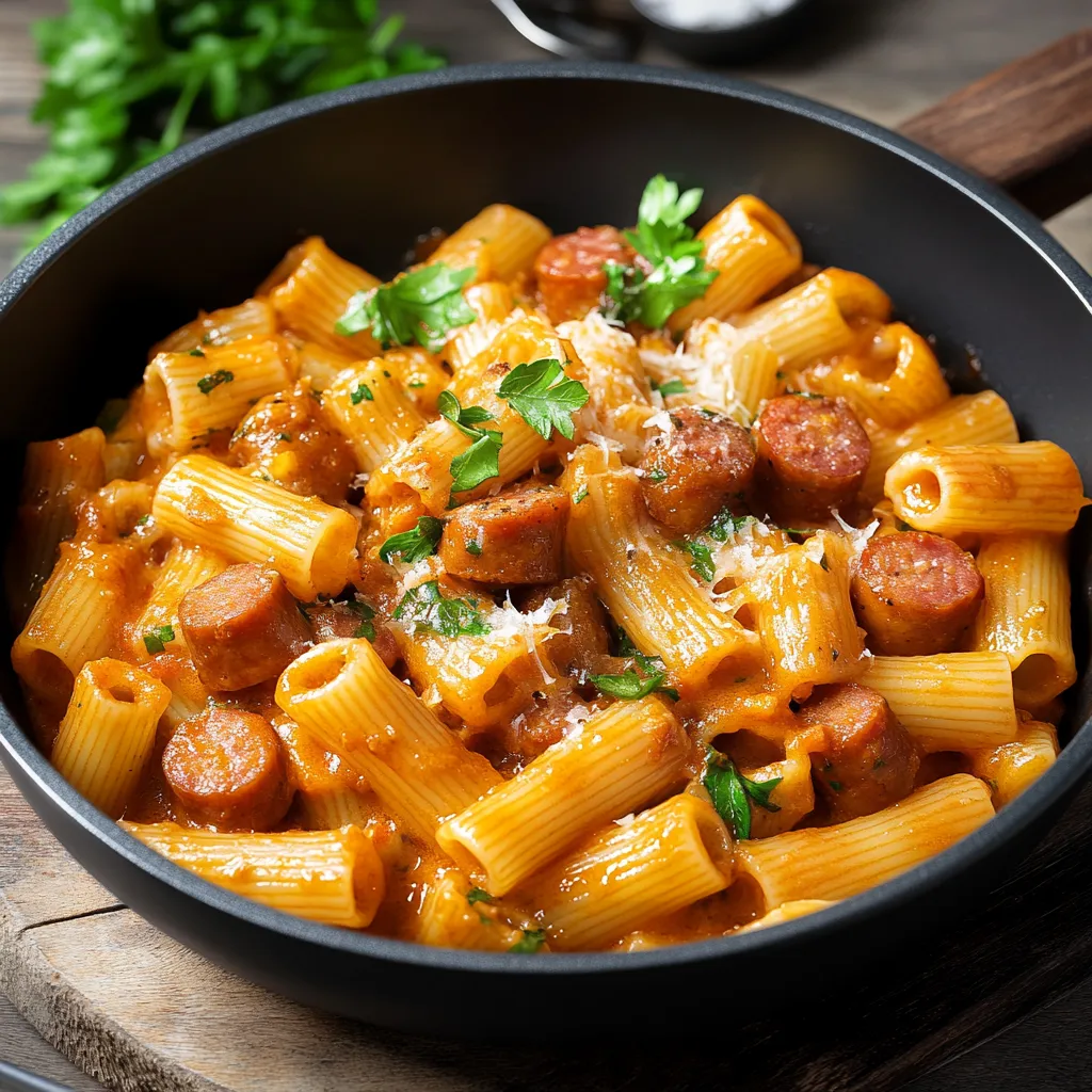 Penne con carne e verdure in un piatto.