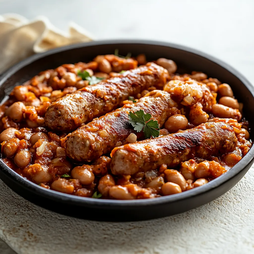 Una tazza di cibo con salsa e salsicce.