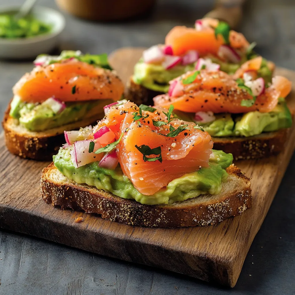 Piatti di salmone e guacamole su pane.