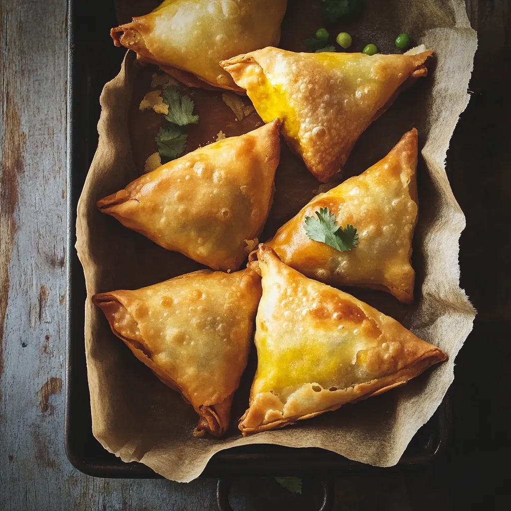 Quattro triangoli di pasta ripieni con formaggio e peperoni.