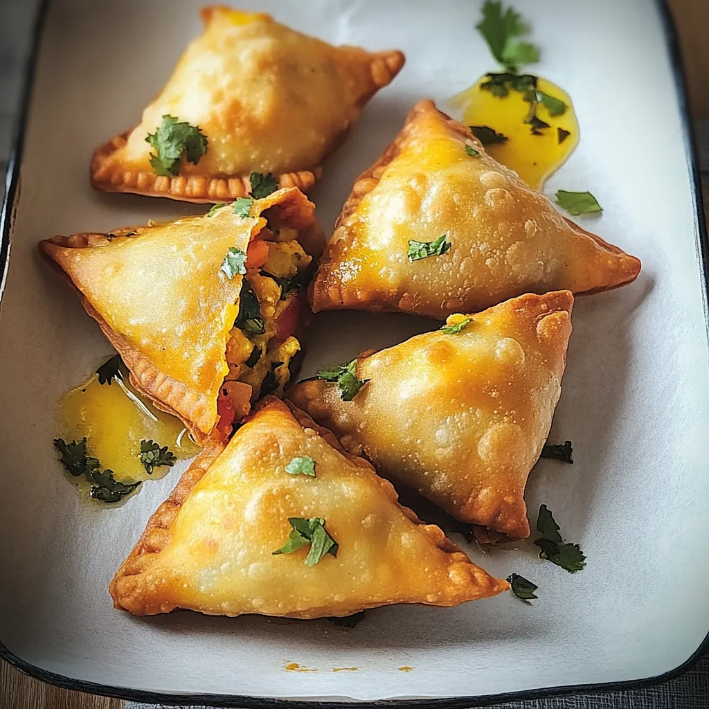 Quattro triangoli di pasta con salsa e erbe.