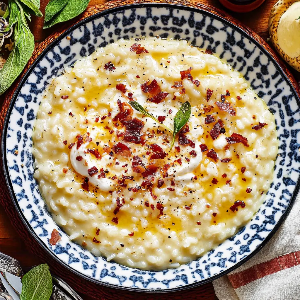 Una ciotola di riso con bacon e erbe.