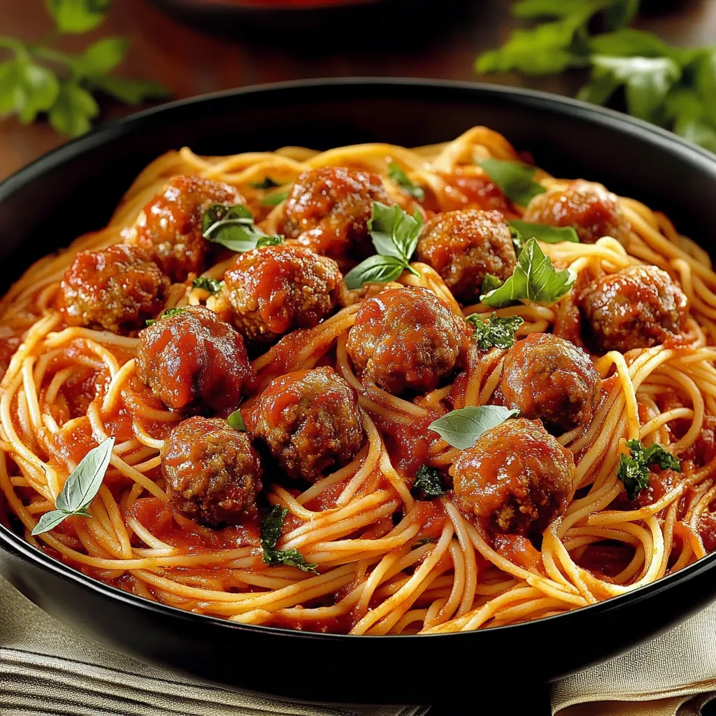 Piatti di spaghetti con polpette e verdure.