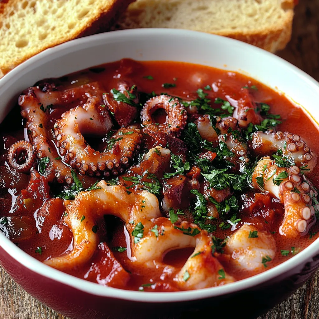 Una ciotola di zuppa con polpi e pane.
