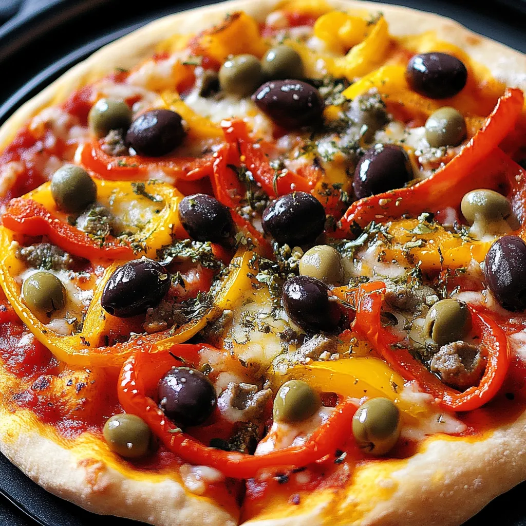 Pizza con peperoni, olive e pomodoro.