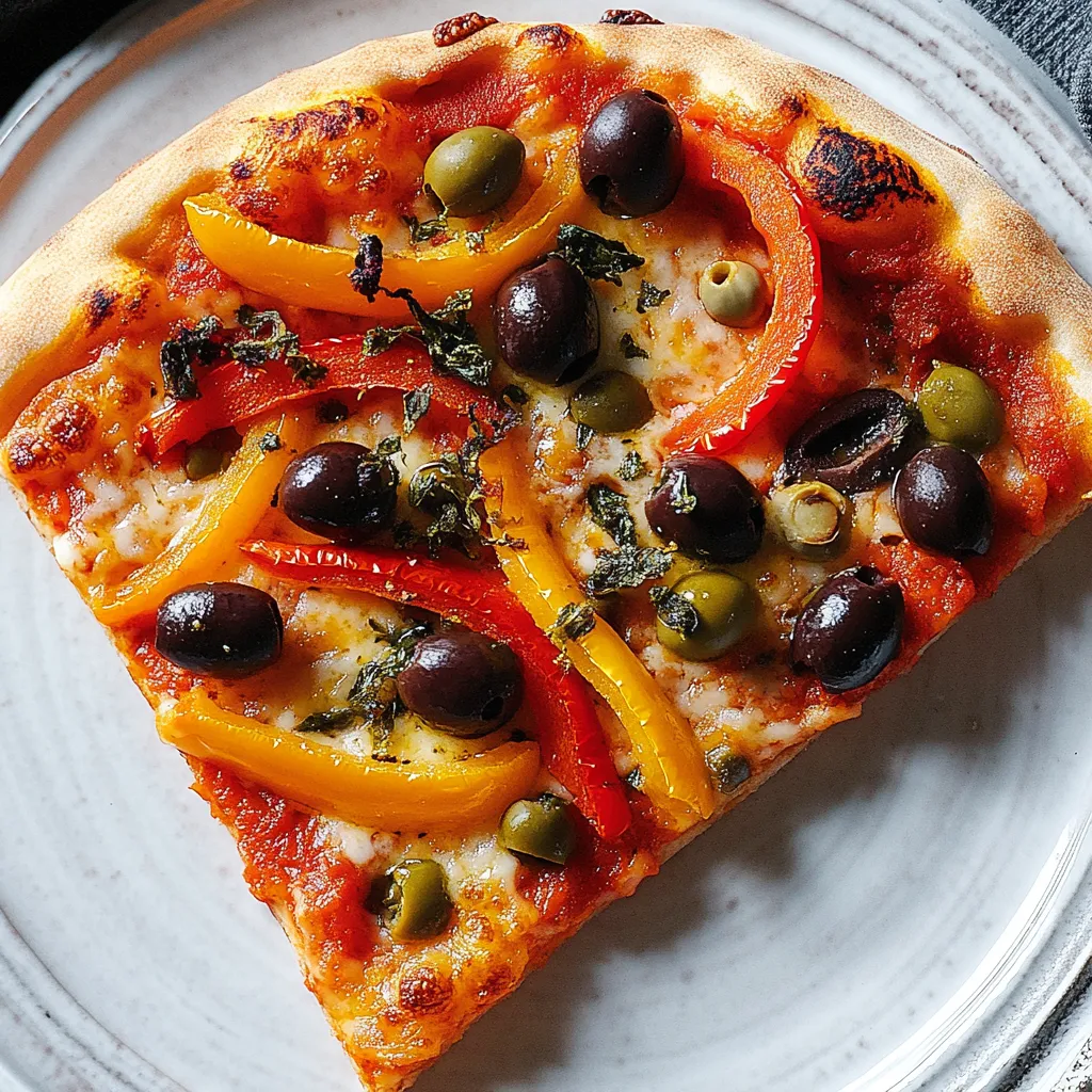 Una pizza con peperoni, olive, pomodoro e peperoncini.