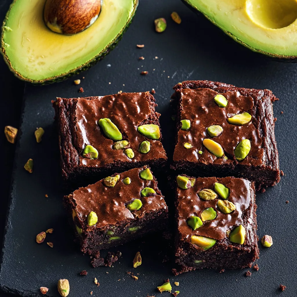 Un pezzo di brownie con semi di noce e una mezzaluna di avocado.