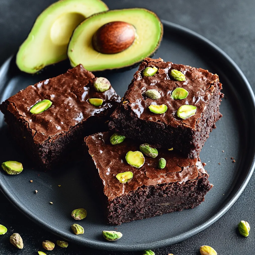 Un piatto di brownie con semi di pistacchio e avocado.