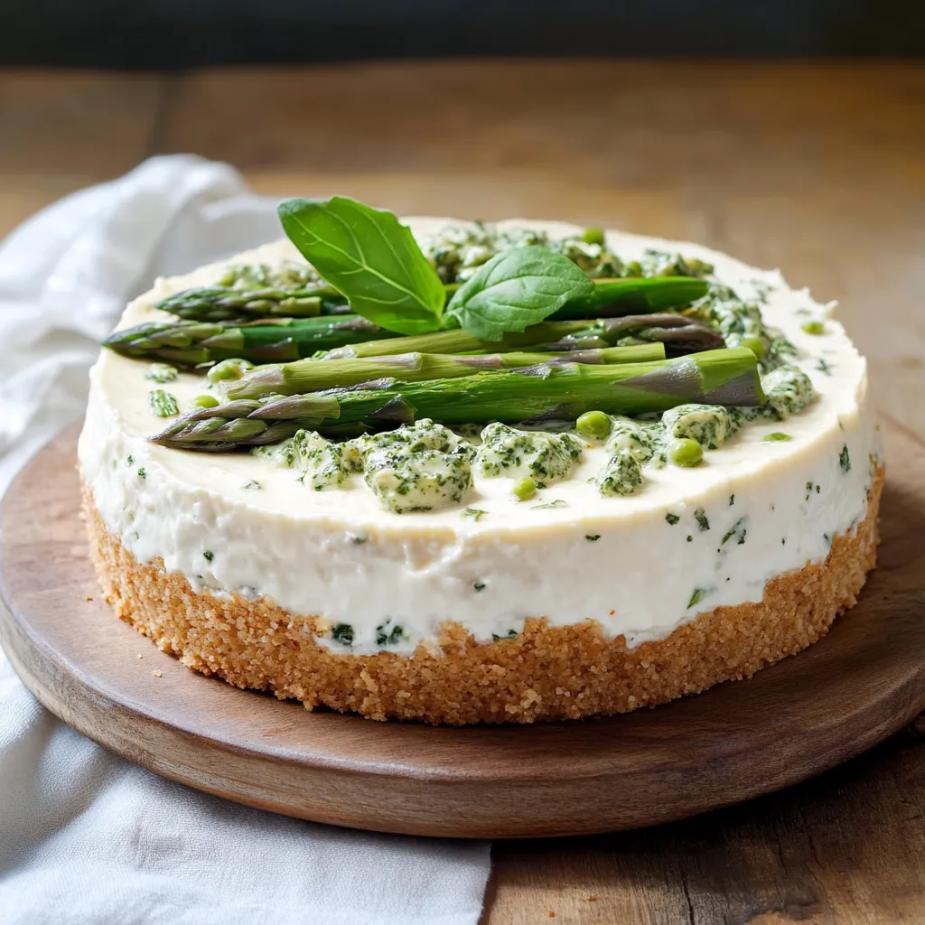 Una torta con foglie di basilico e asparagi.
