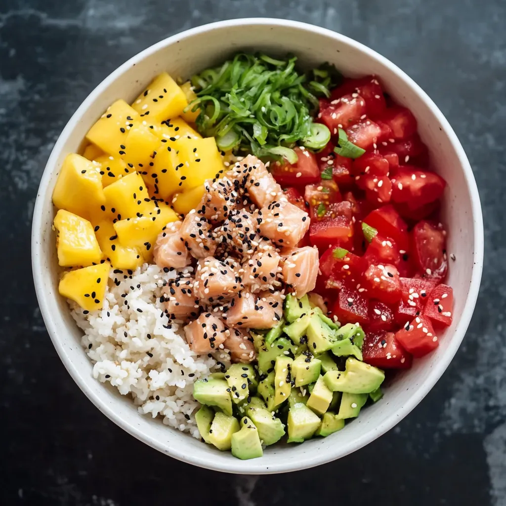 Una ciotola di frullato con mango, pepino, lime, pomodoro, avocado, salmone e semi di sesamo.
