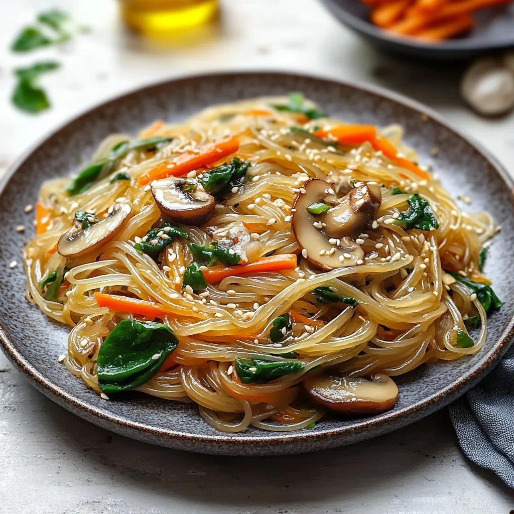Una tavolata con un piatto di noodles con verdure e mushroom.