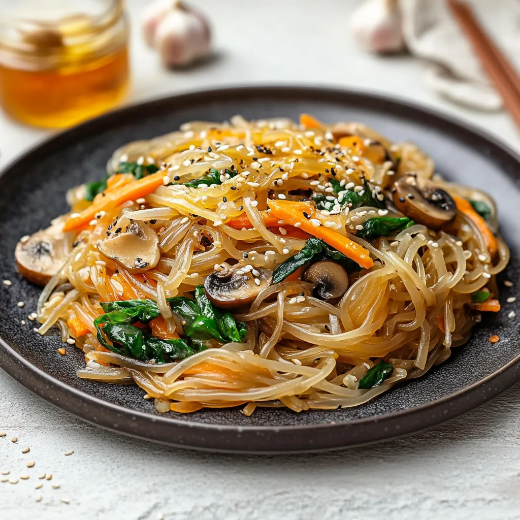 Una tavolata con un piatto di noodles con verdure e mushroom.