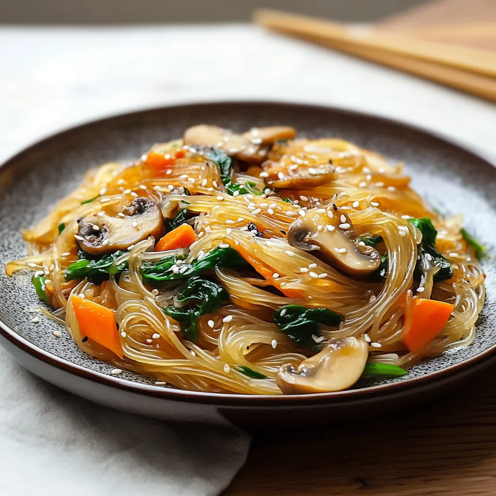 Una tavolata con un piatto di noodles con mushroom e verdure.