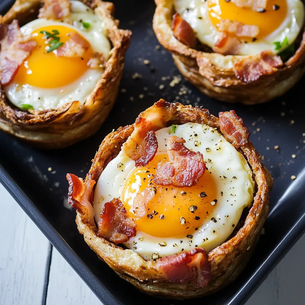 Due tazze con uova e bacon.