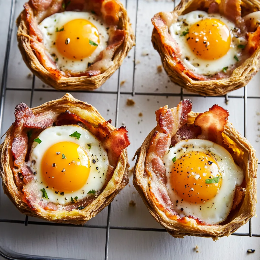 Quattro tazze con uova e bacon.
