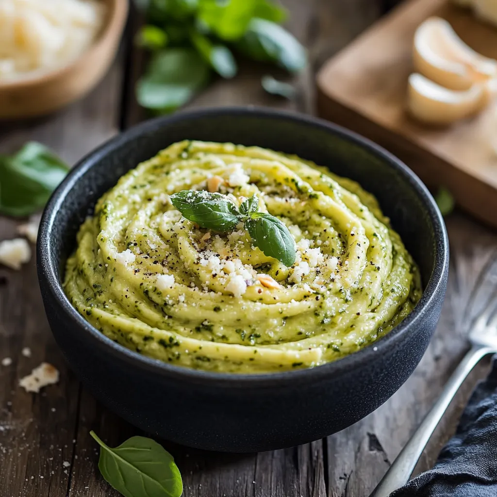 Una ciotola di crema di zucca con foglie di basilico.