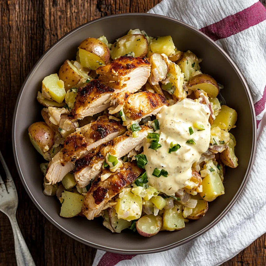 Piatti di pollo con patate e potato salad.