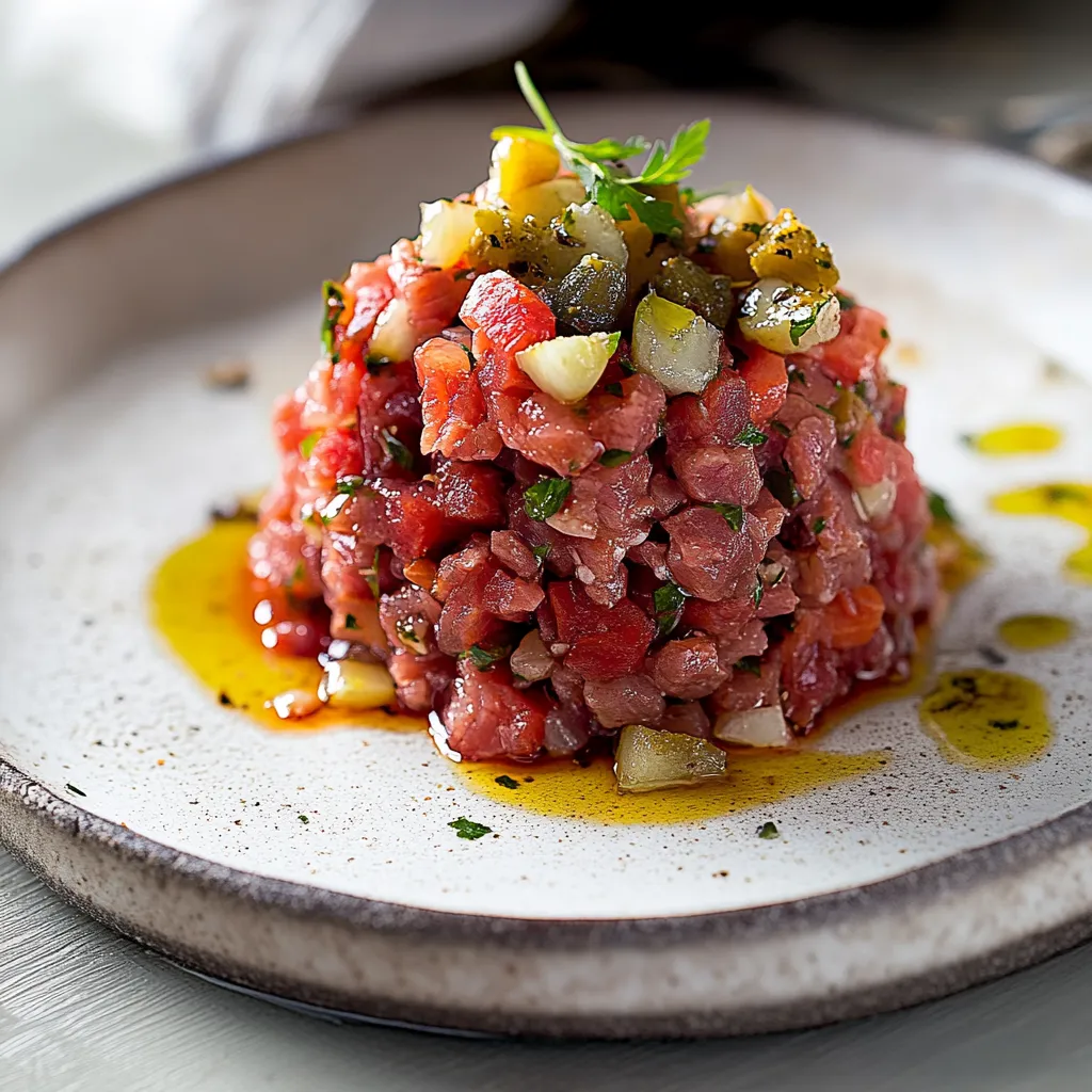 Una pietanza di carne con verdure e olio.