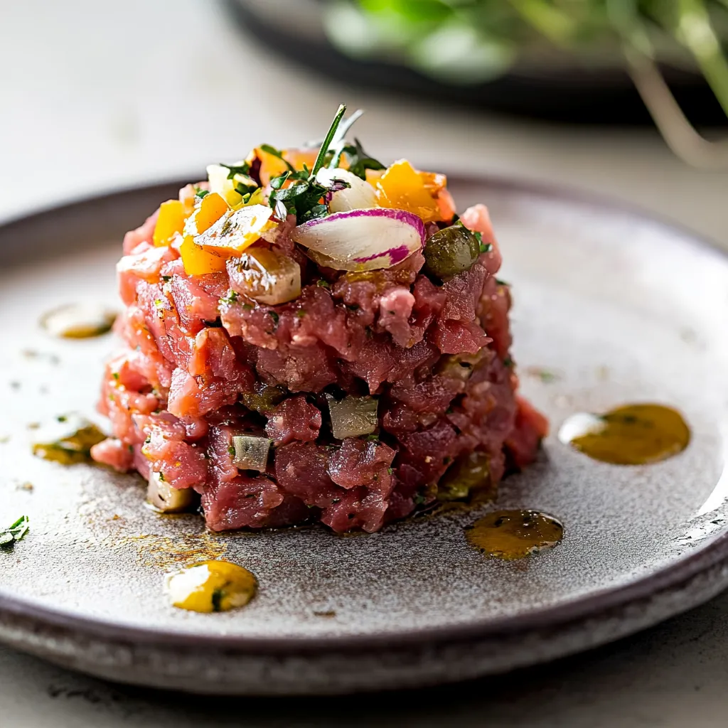 Una pietanza di carne con verdure e olio.