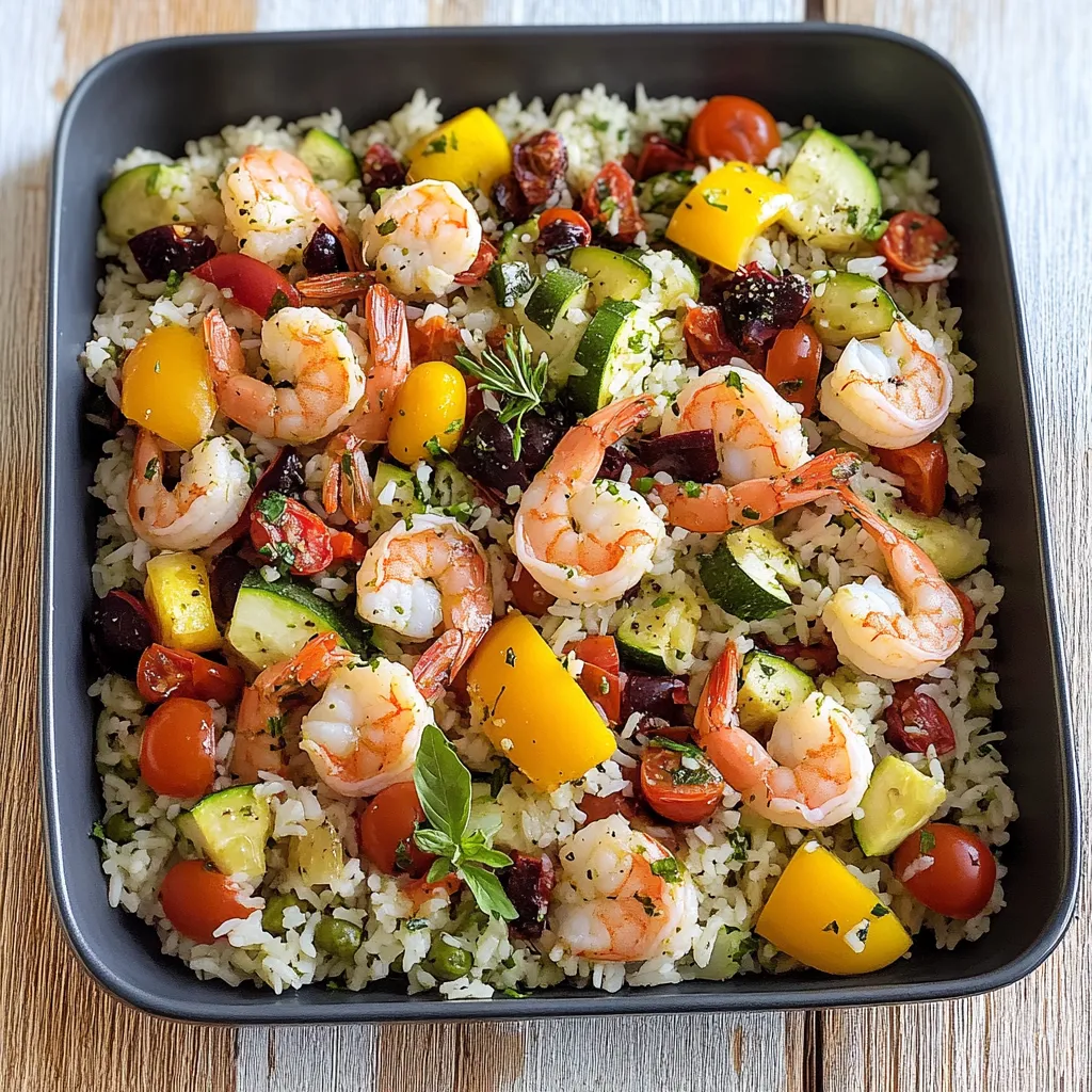 Riso con frullati, gamberi e verdure.