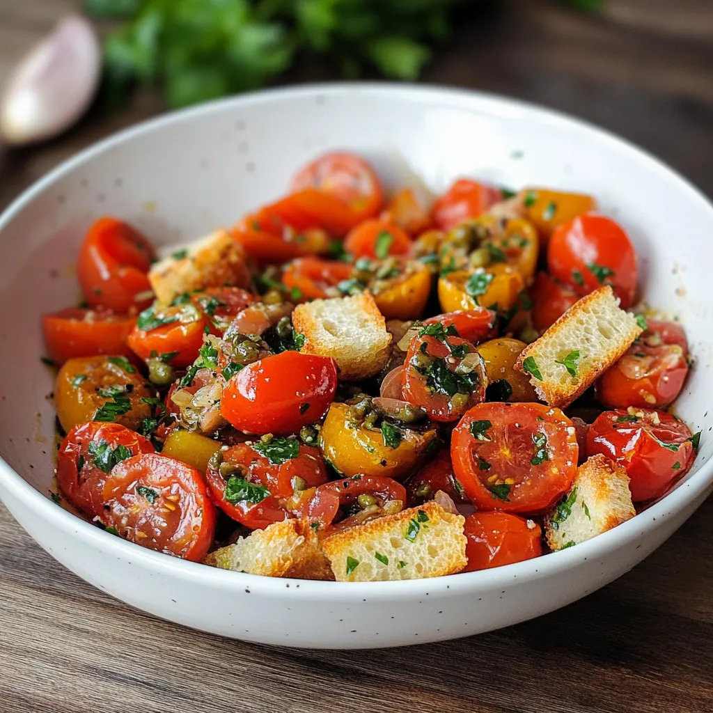Una ciotola con pomodori e pane tostato.