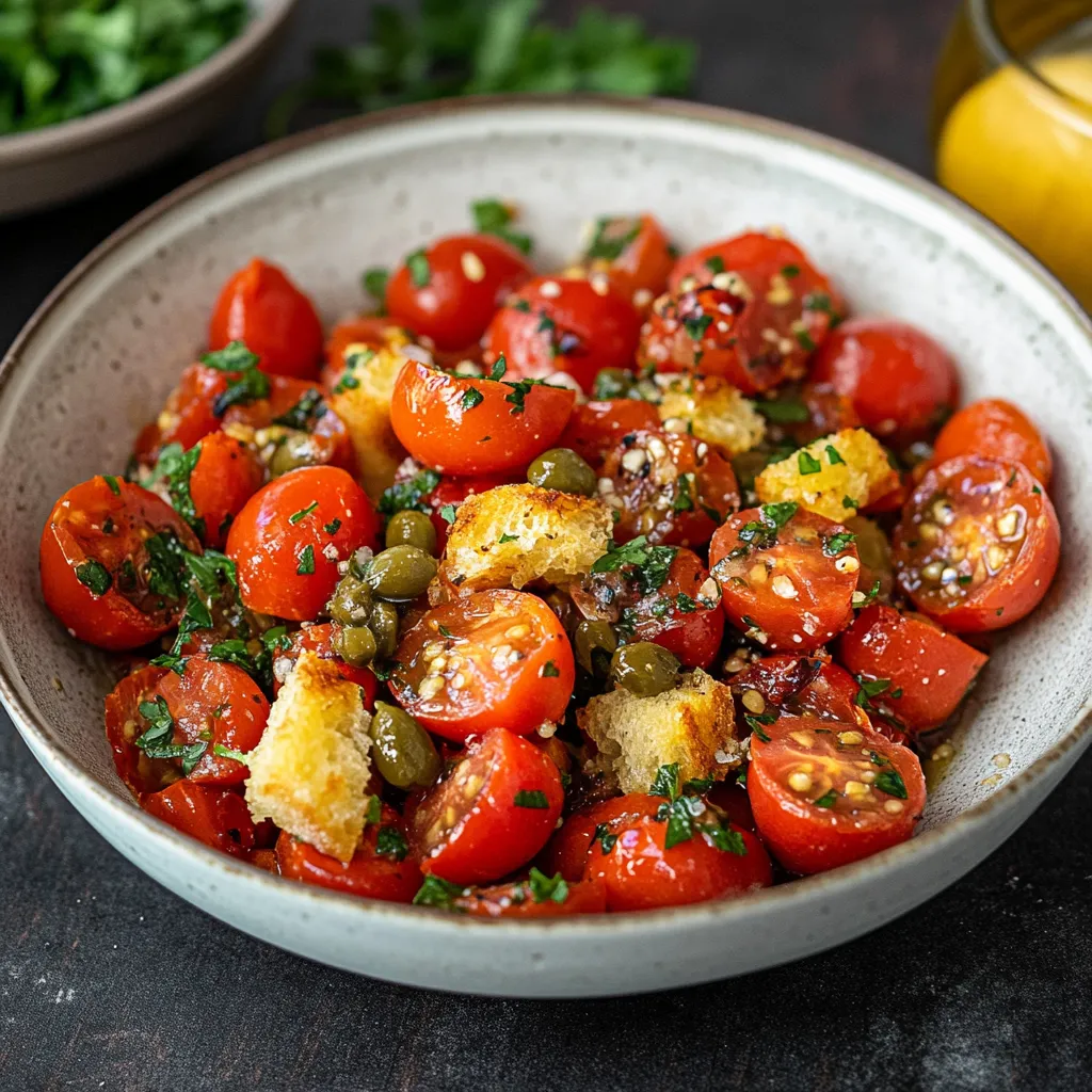 Una ciotola di pomodori con verdure e pane tostato.