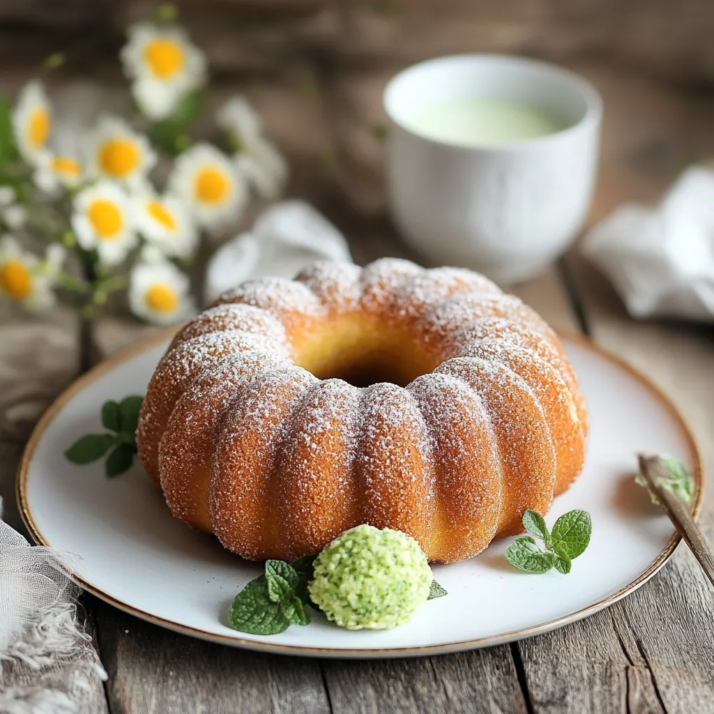 Un dolce con polvere di zucchero e una tazza di bevande.