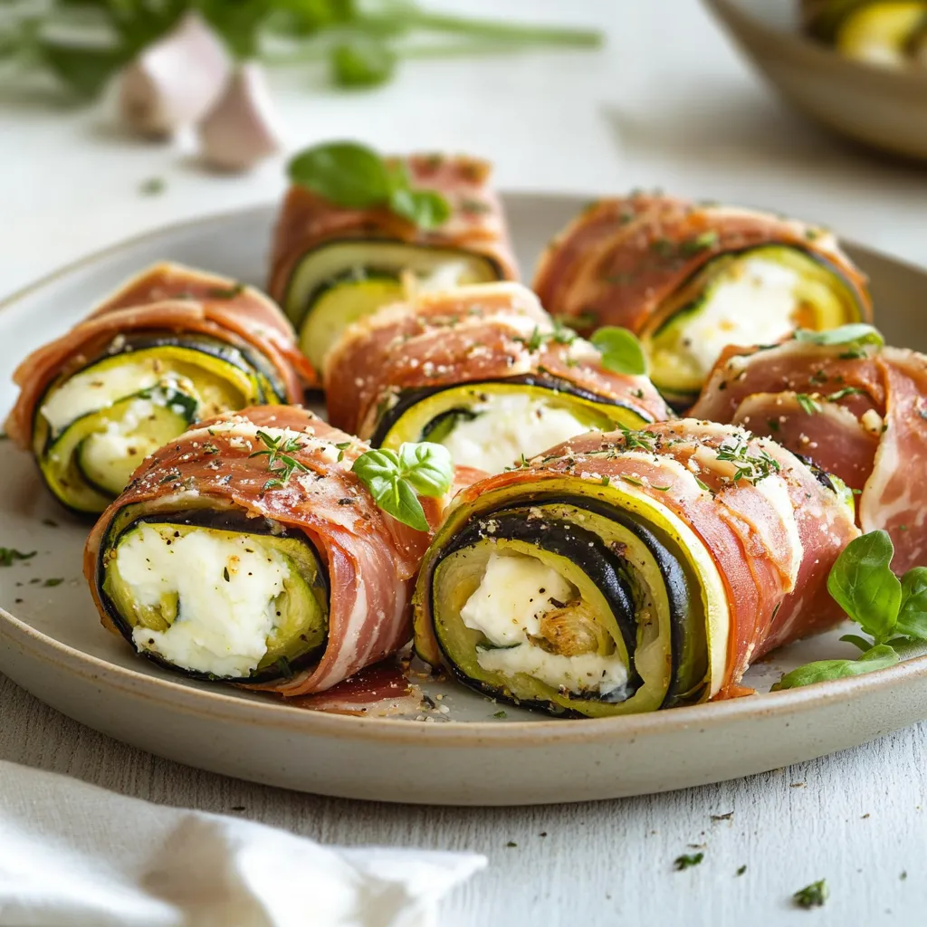 Piatti di zucchini con prosciutto e formaggio.