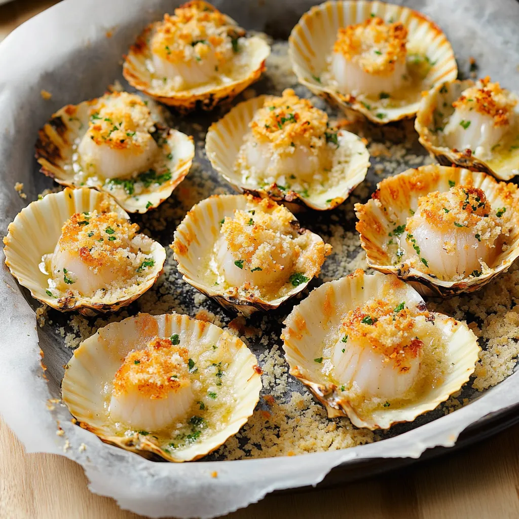 Piatti di conchiglie con crostini di formaggio.