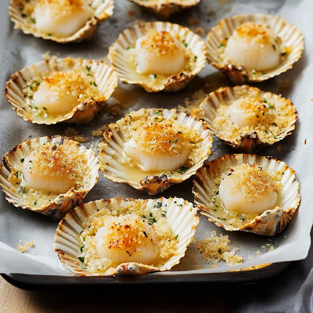 Piatti di conchiglie con crostini di pane e erbe.