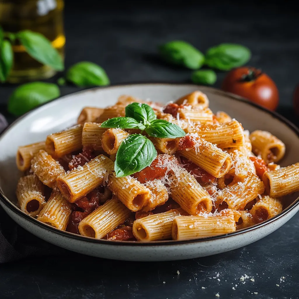 Penne con sauce e foglie di basilico.