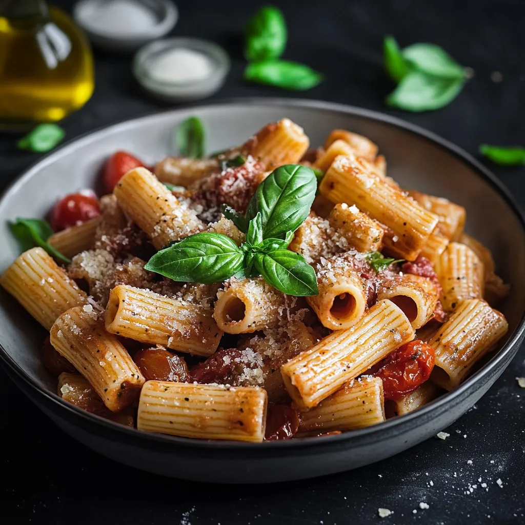 Penne con basilico e tomate in un piatto.